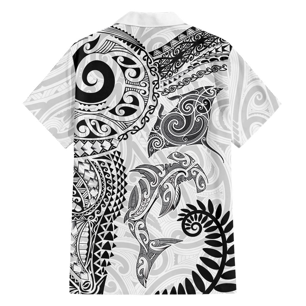 Aotearoa Maori Sea Animals Tribal Family Matching Puletasi and Hawaiian Shirt Manta Ray and Shark Moko Pattern White Color LT03 - Polynesian Pride