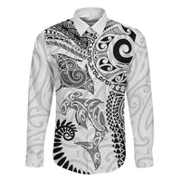 Aotearoa Maori Sea Animals Tribal Family Matching Puletasi and Hawaiian Shirt Manta Ray and Shark Moko Pattern White Color LT03 Dad's Shirt - Long Sleeve White - Polynesian Pride