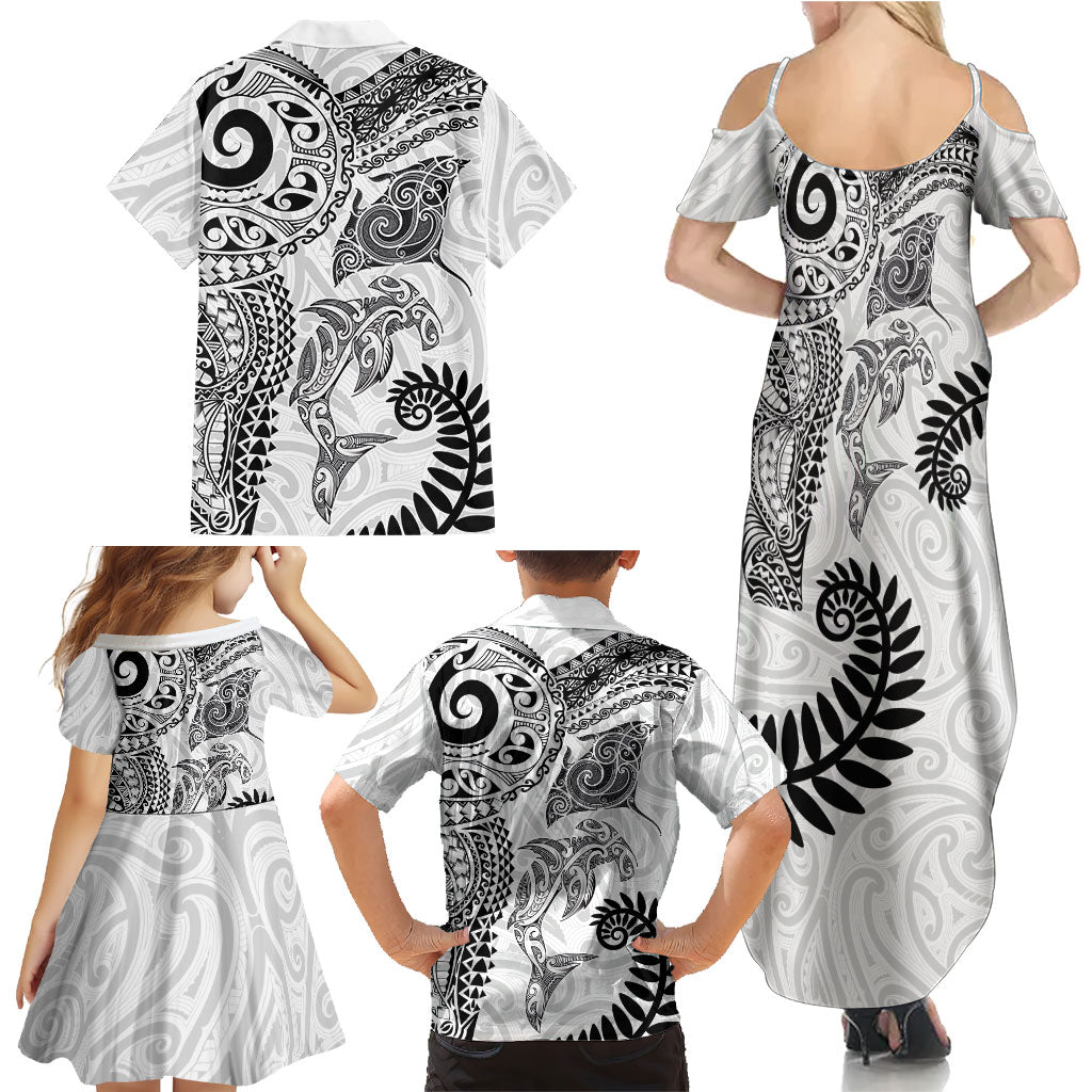 Aotearoa Maori Sea Animals Tribal Family Matching Summer Maxi Dress and Hawaiian Shirt Manta Ray and Shark Moko Pattern White Color LT03 - Polynesian Pride