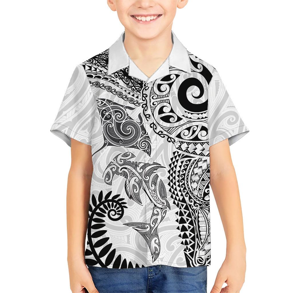 Aotearoa Maori Sea Animals Tribal Family Matching Summer Maxi Dress and Hawaiian Shirt Manta Ray and Shark Moko Pattern White Color LT03 Son's Shirt White - Polynesian Pride