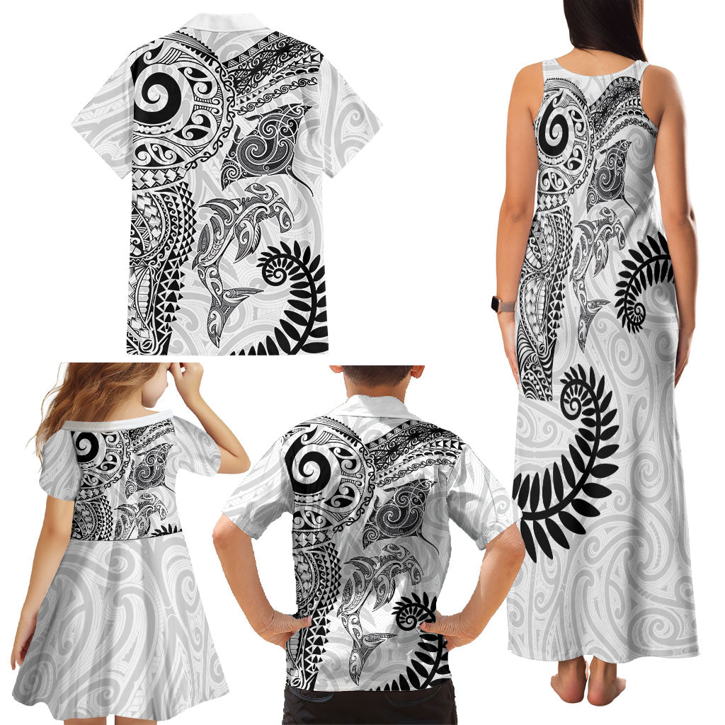 Aotearoa Maori Sea Animals Tribal Family Matching Tank Maxi Dress and Hawaiian Shirt Manta Ray and Shark Moko Pattern White Color LT03 - Polynesian Pride