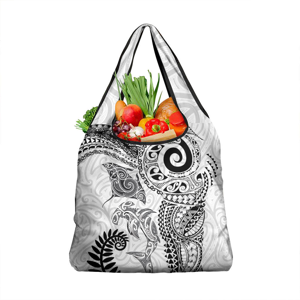 Aotearoa Maori Sea Animals Tribal Grocery Bag Manta Ray and Shark Moko Pattern White Color LT03 1-pack One Size White - Polynesian Pride