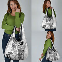 Aotearoa Maori Sea Animals Tribal Grocery Bag Manta Ray and Shark Moko Pattern White Color