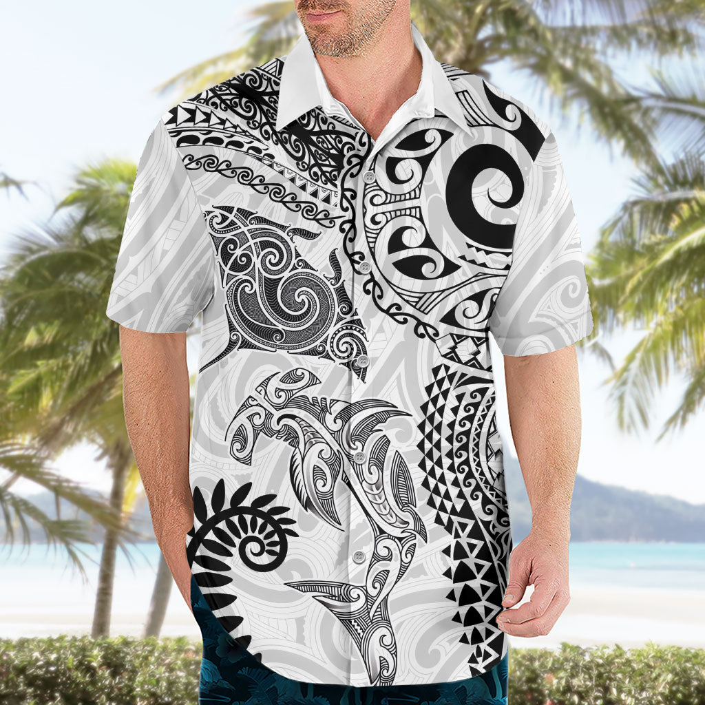 Aotearoa Maori Sea Animals Tribal Hawaiian Shirt Manta Ray and Shark Moko Pattern White Color LT03 - Polynesian Pride