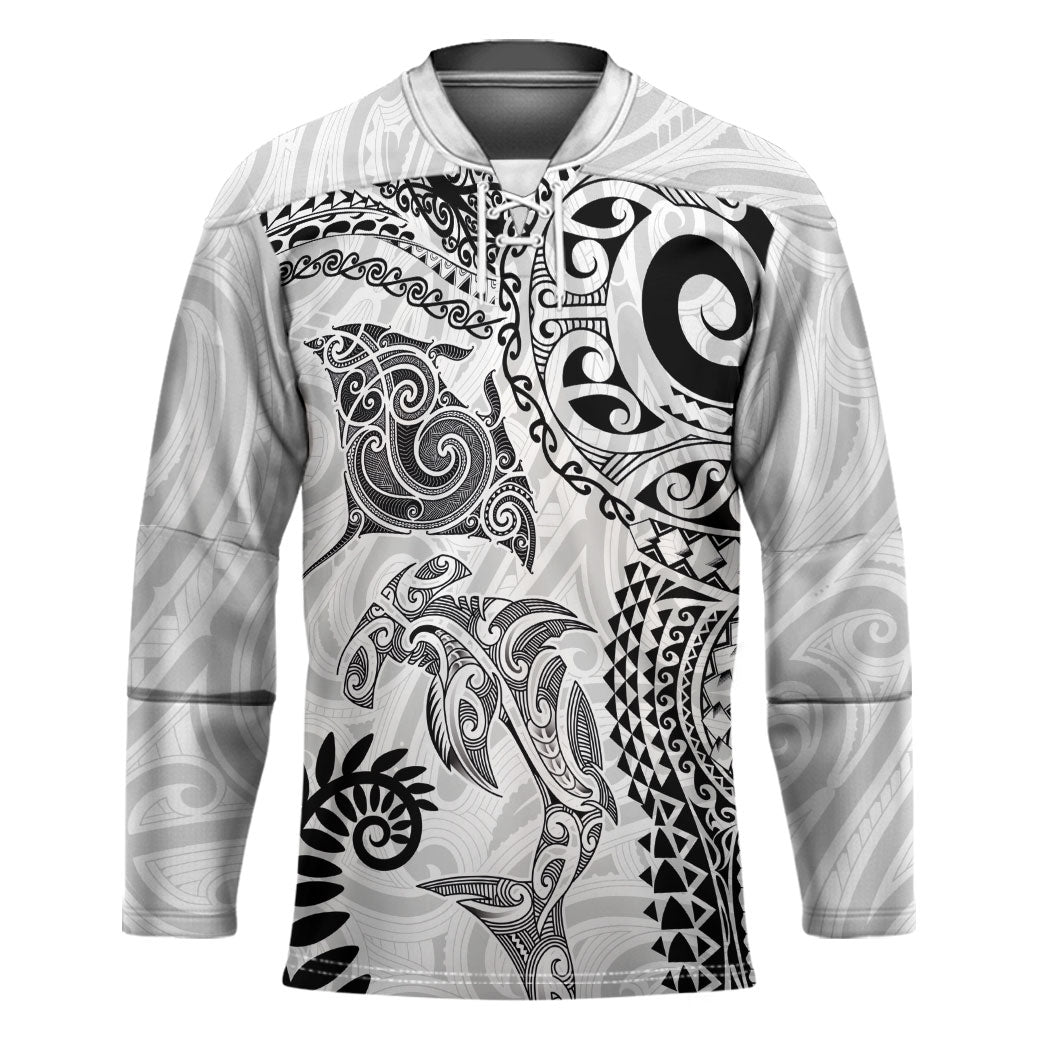 Aotearoa Maori Sea Animals Tribal Hockey Jersey Manta Ray and Shark Moko Pattern White Color LT03 Unisex White - Polynesian Pride