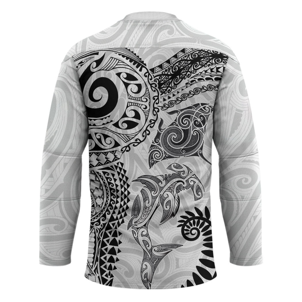 Aotearoa Maori Sea Animals Tribal Hockey Jersey Manta Ray and Shark Moko Pattern White Color LT03 - Polynesian Pride