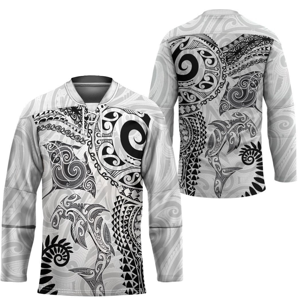 Aotearoa Maori Sea Animals Tribal Hockey Jersey Manta Ray and Shark Moko Pattern White Color LT03 - Polynesian Pride