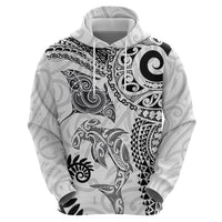 Aotearoa Maori Sea Animals Tribal Hoodie Manta Ray and Shark Moko Pattern White Color LT03 - Polynesian Pride