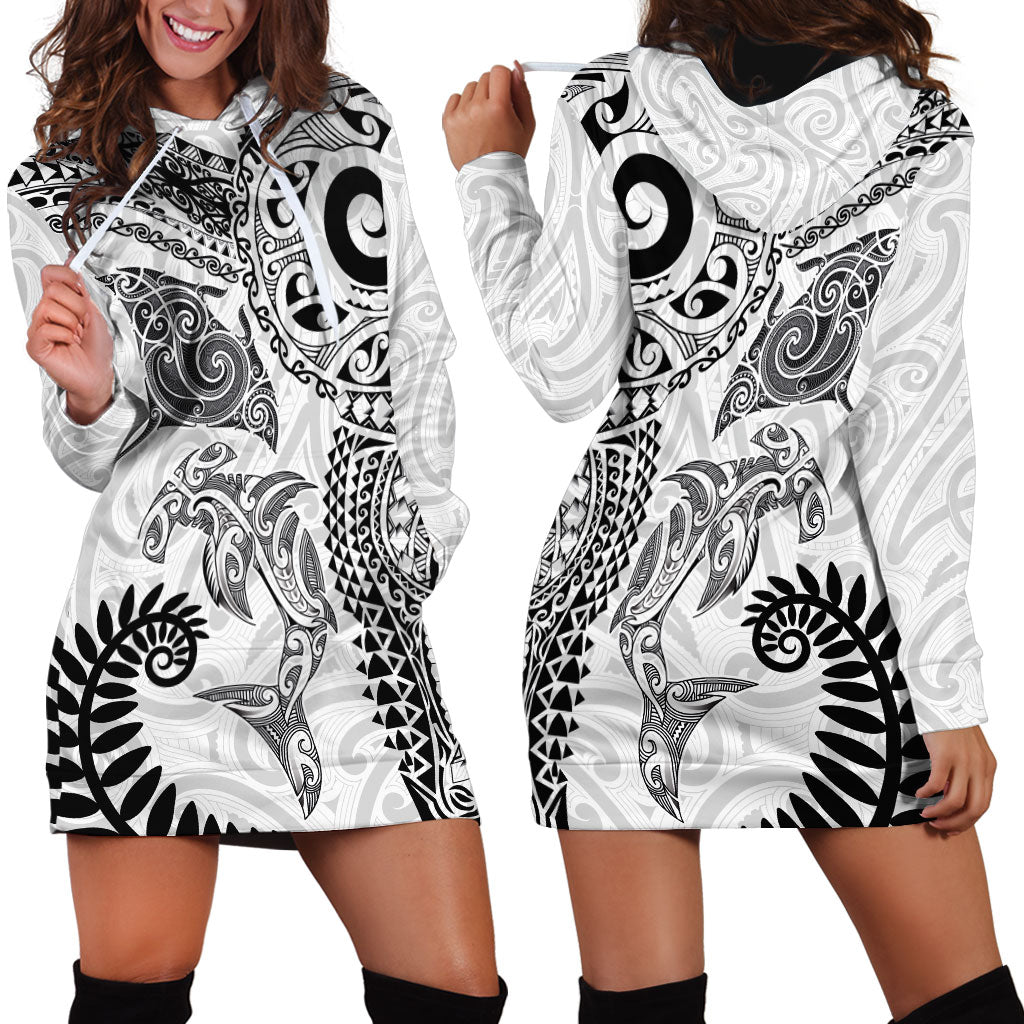 Aotearoa Maori Sea Animals Tribal Hoodie Dress Manta Ray and Shark Moko Pattern White Color LT03 - Polynesian Pride