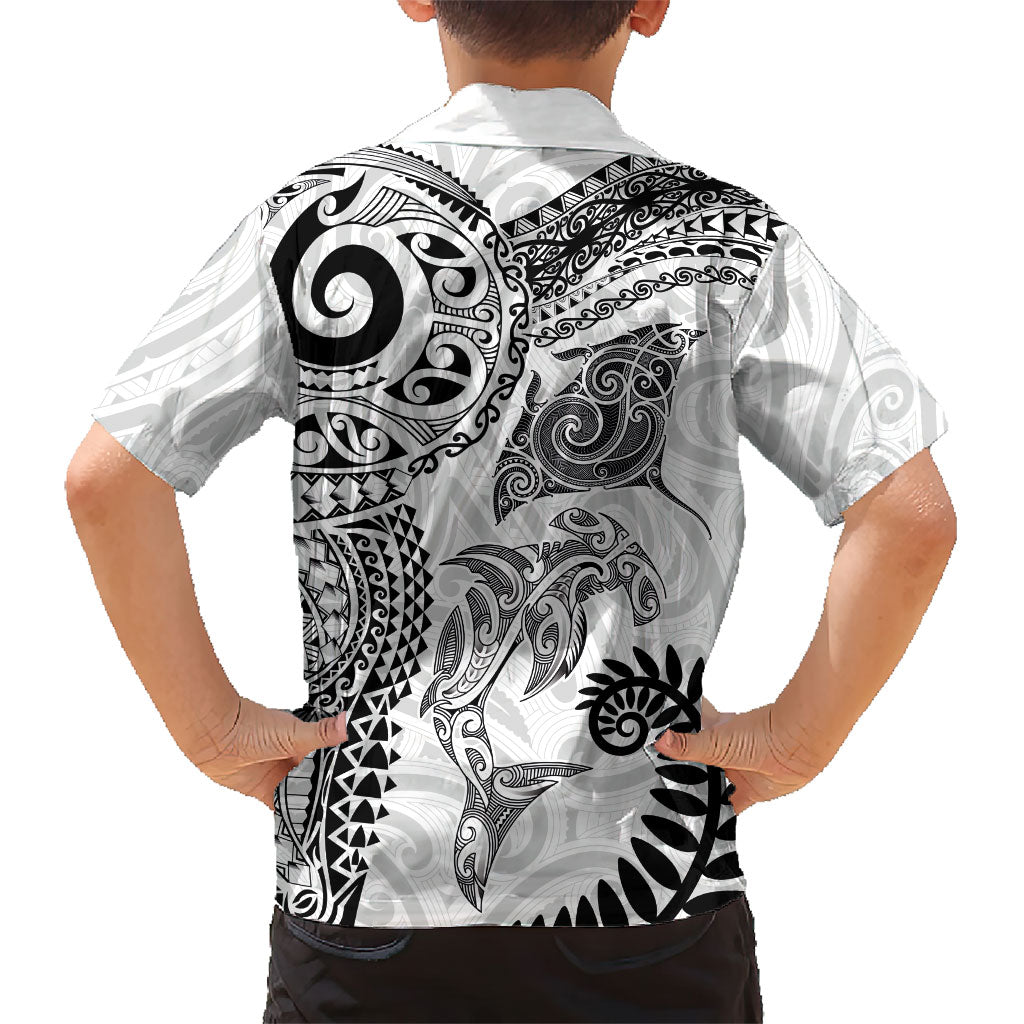 Aotearoa Maori Sea Animals Tribal Kid Hawaiian Shirt Manta Ray and Shark Moko Pattern White Color LT03 - Polynesian Pride