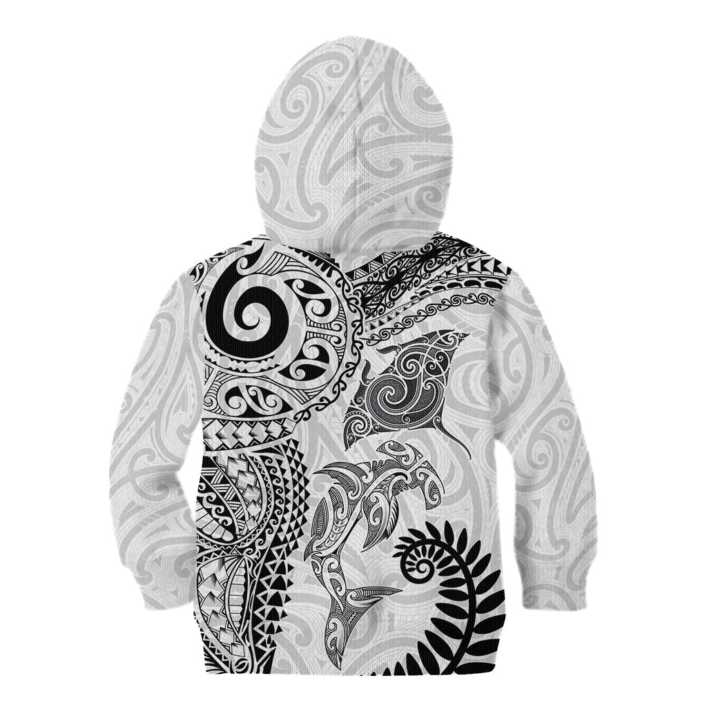 Aotearoa Maori Sea Animals Tribal Kid Hoodie Manta Ray and Shark Moko Pattern White Color LT03 - Polynesian Pride