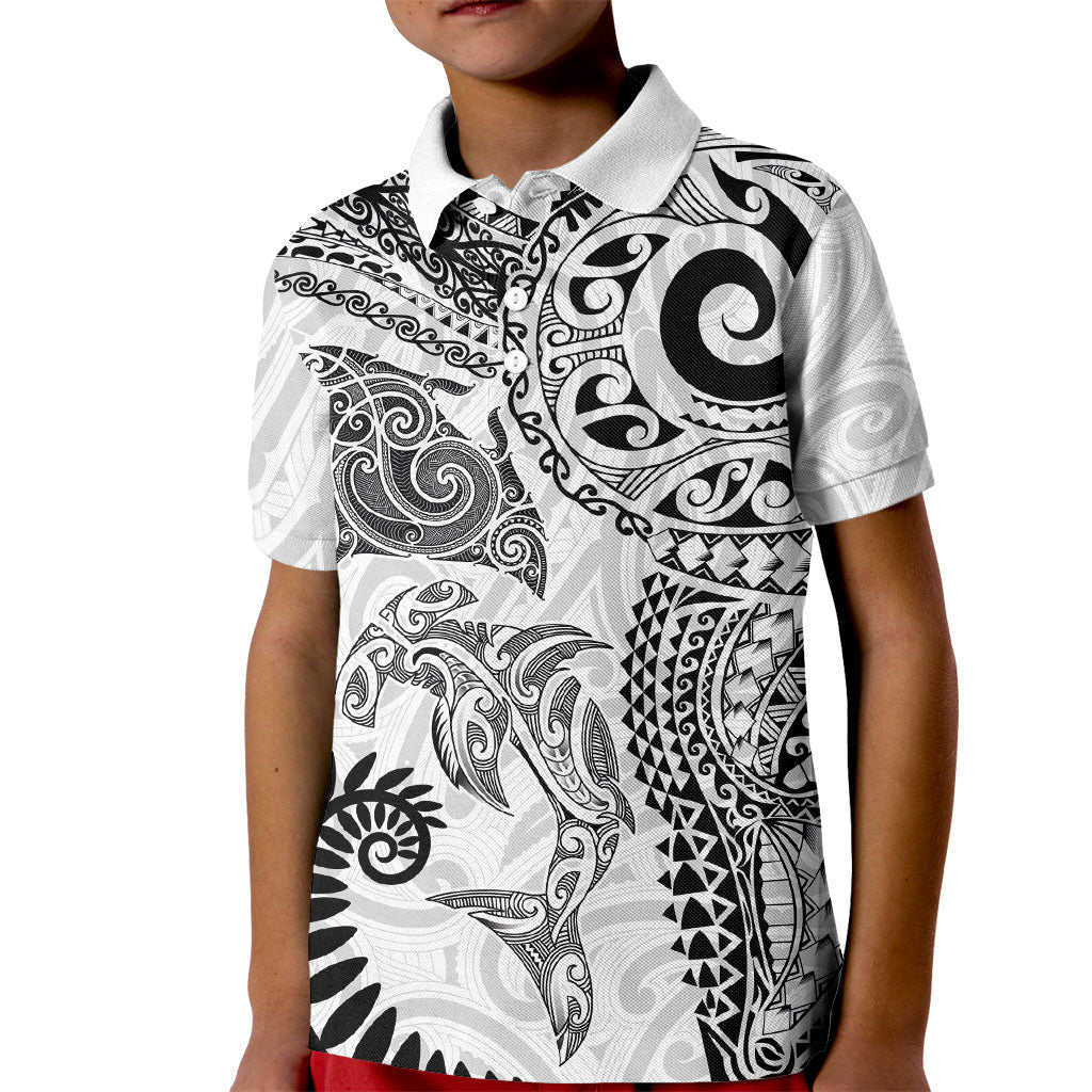 Aotearoa Maori Sea Animals Tribal Kid Polo Shirt Manta Ray and Shark Moko Pattern White Color LT03 Kid White - Polynesian Pride