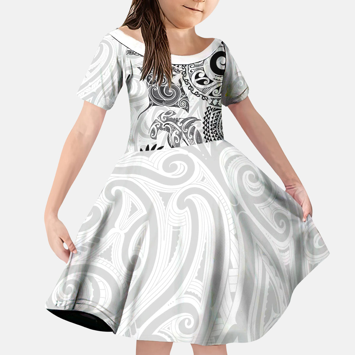 Aotearoa Maori Sea Animals Tribal Kid Short Sleeve Dress Manta Ray and Shark Moko Pattern White Color