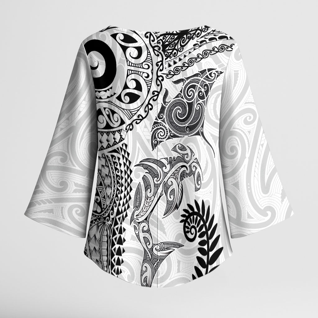 Aotearoa Maori Sea Animals Tribal Kimono Sleeve Blouse Manta Ray and Shark Moko Pattern White Color LT03 - Polynesian Pride