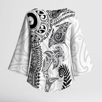 Aotearoa Maori Sea Animals Tribal Kimono Sleeve Blouse Manta Ray and Shark Moko Pattern White Color LT03 - Polynesian Pride