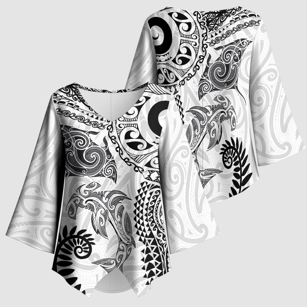 Aotearoa Maori Sea Animals Tribal Kimono Sleeve Blouse Manta Ray and Shark Moko Pattern White Color LT03 - Polynesian Pride