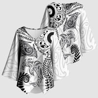 Aotearoa Maori Sea Animals Tribal Kimono Sleeve Blouse Manta Ray and Shark Moko Pattern White Color LT03 - Polynesian Pride