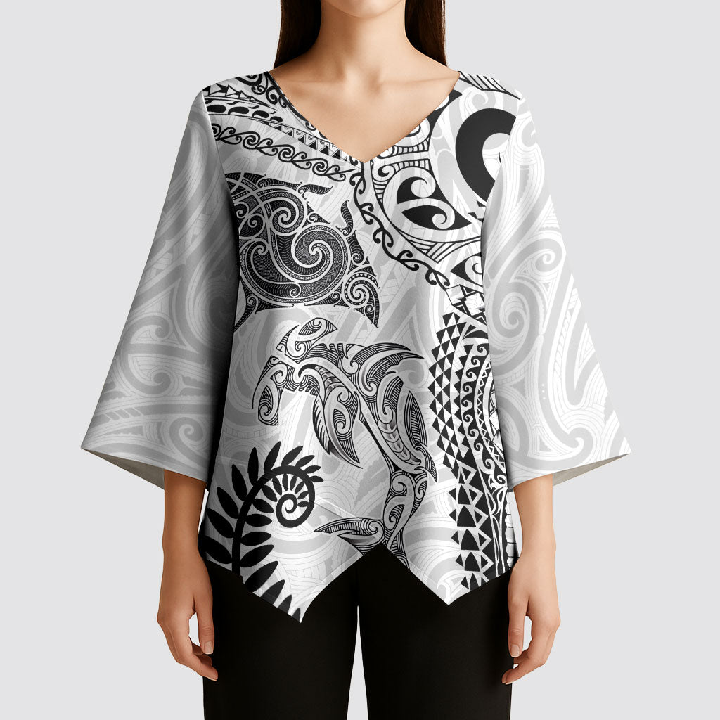 Aotearoa Maori Sea Animals Tribal Kimono Sleeve Blouse Manta Ray and Shark Moko Pattern White Color LT03 - Polynesian Pride