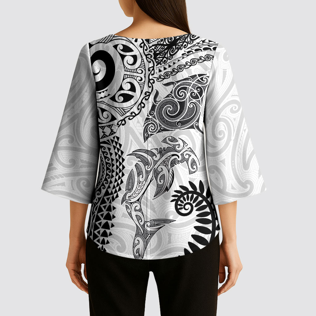 Aotearoa Maori Sea Animals Tribal Kimono Sleeve Blouse Manta Ray and Shark Moko Pattern White Color LT03 - Polynesian Pride