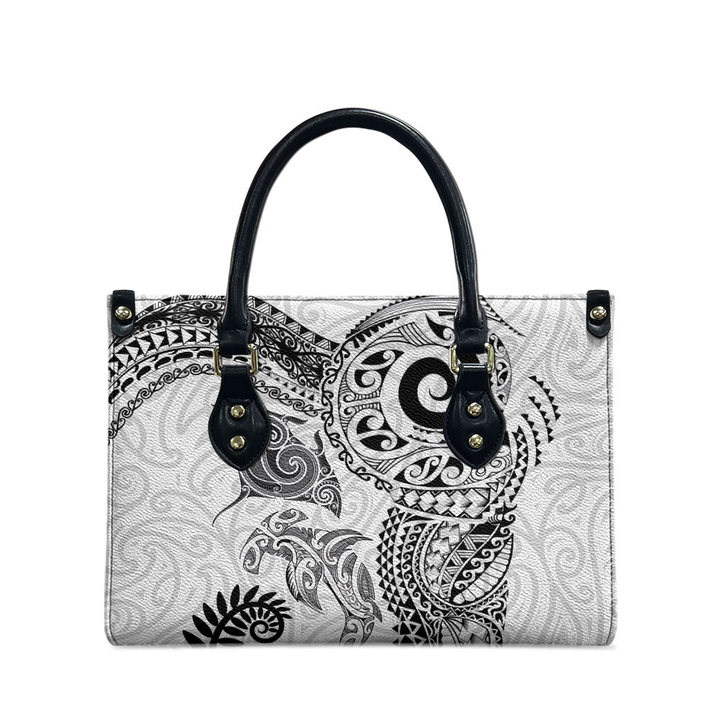 Aotearoa Maori Sea Animals Tribal Leather Bag Manta Ray and Shark Moko Pattern White Color