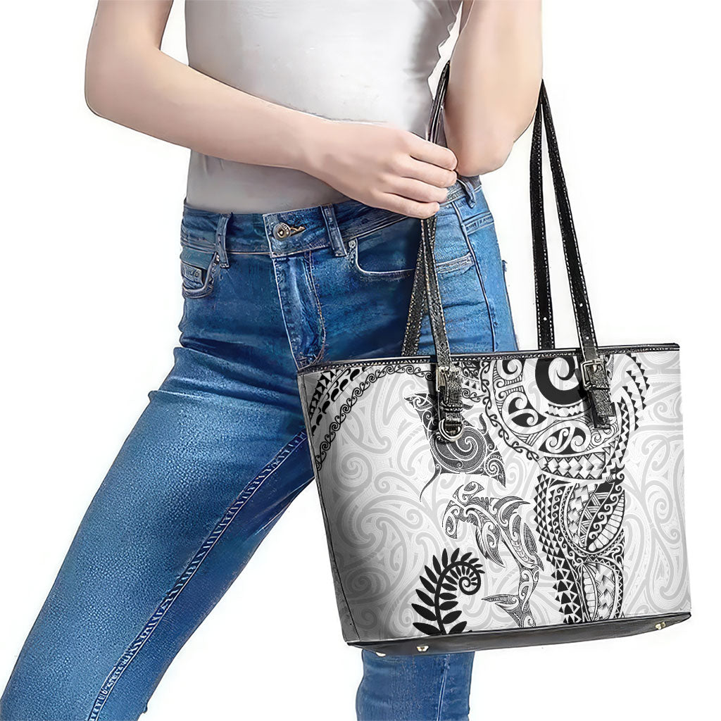 Aotearoa Maori Sea Animals Tribal Leather Tote Bag Manta Ray and Shark Moko Pattern White Color