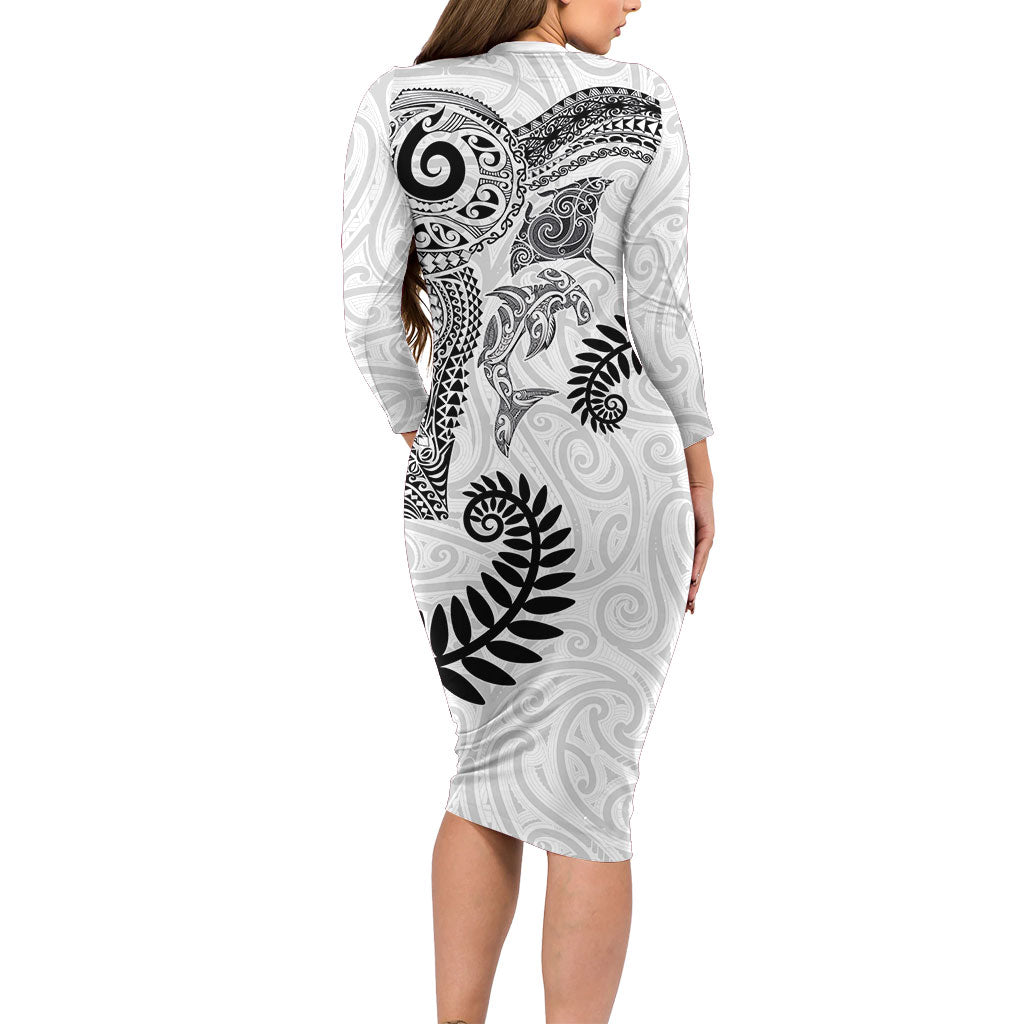 Aotearoa Maori Sea Animals Tribal Long Sleeve Bodycon Dress Manta Ray and Shark Moko Pattern White Color LT03 - Polynesian Pride