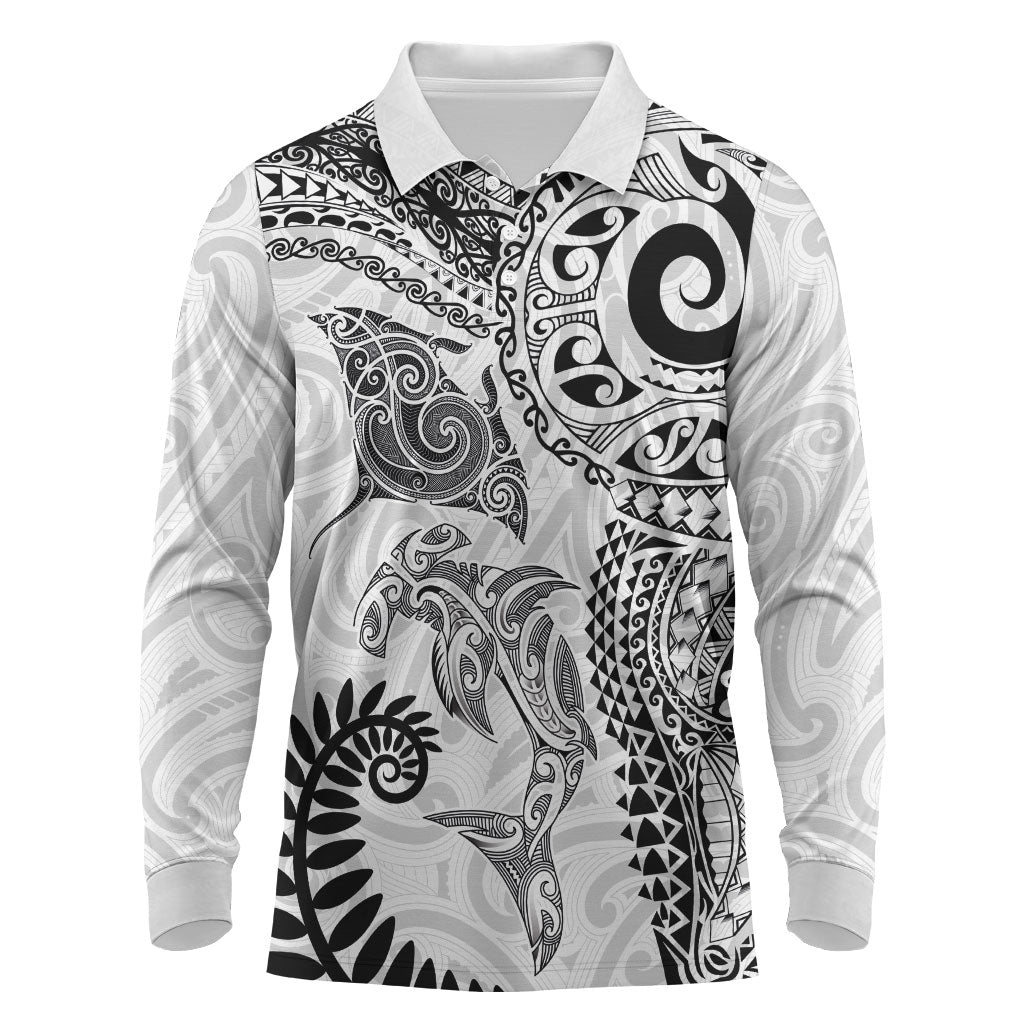Aotearoa Maori Sea Animals Tribal Long Sleeve Polo Shirt Manta Ray and Shark Moko Pattern White Color LT03 White - Polynesian Pride