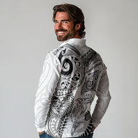 Aotearoa Maori Sea Animals Tribal Long Sleeve Polo Shirt Manta Ray and Shark Moko Pattern White Color LT03 - Polynesian Pride