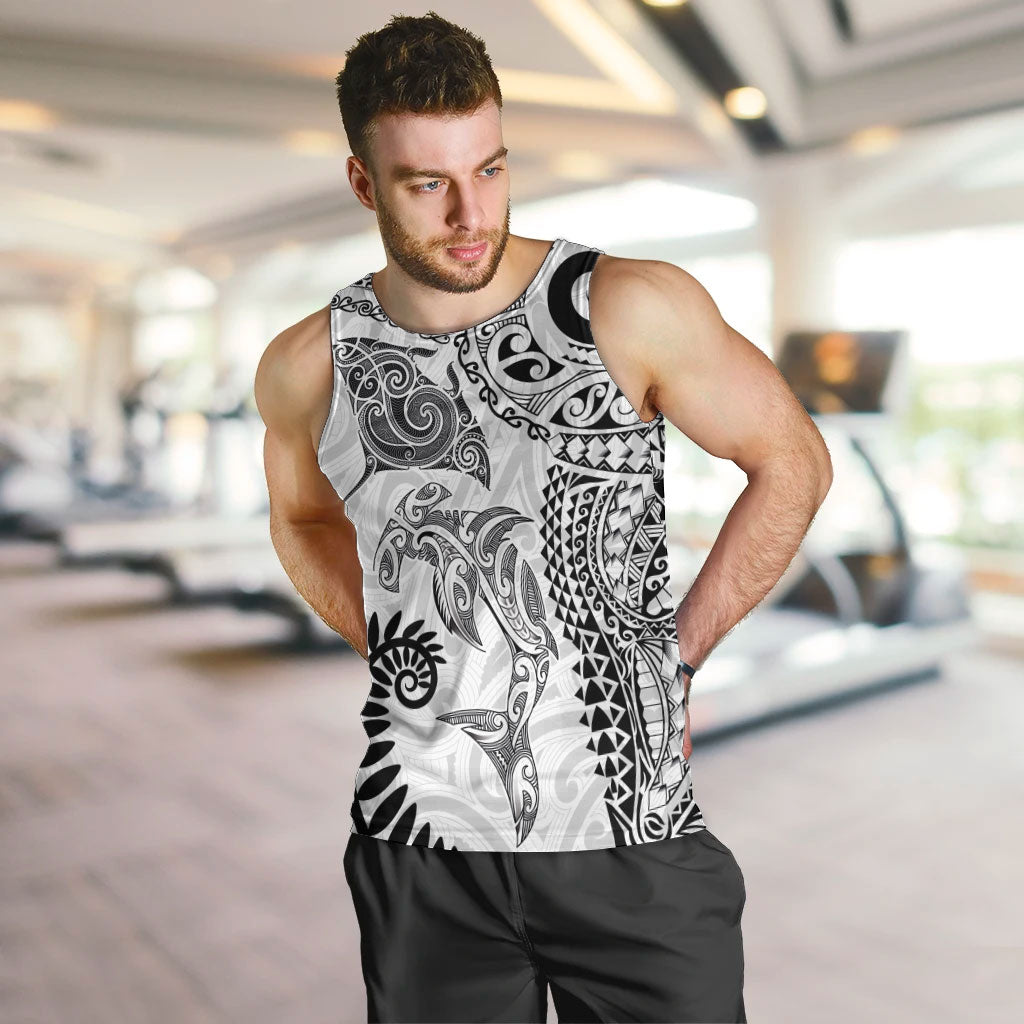 Aotearoa Maori Sea Animals Tribal Men Tank Top Manta Ray and Shark Moko Pattern White Color