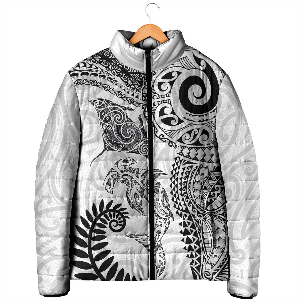 Aotearoa Maori Sea Animals Tribal Padded Jacket Manta Ray and Shark Moko Pattern White Color