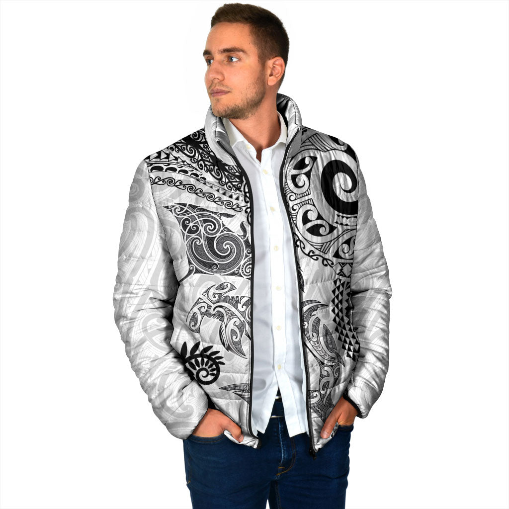 Aotearoa Maori Sea Animals Tribal Padded Jacket Manta Ray and Shark Moko Pattern White Color