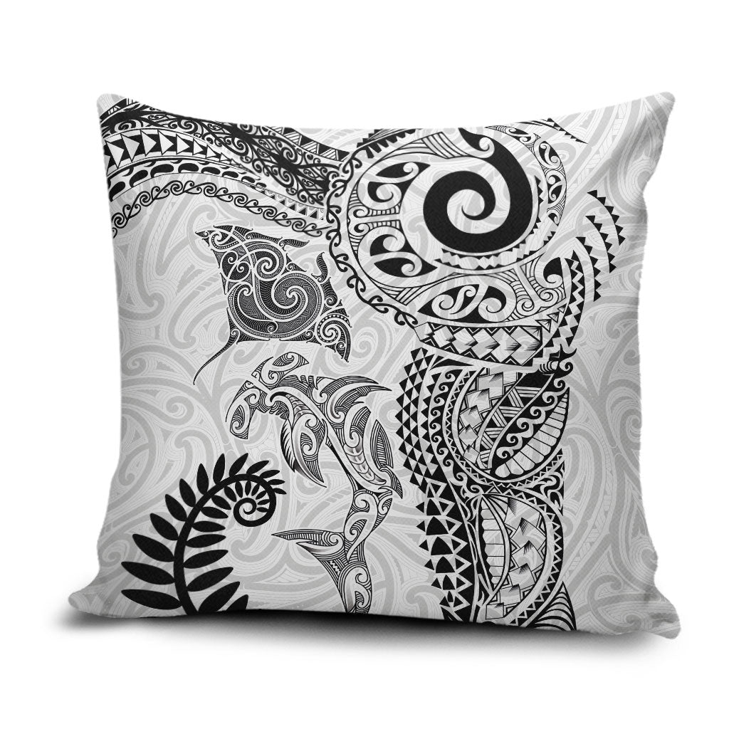 Aotearoa Maori Sea Animals Tribal Pillow Cover Manta Ray and Shark Moko Pattern White Color LT03 White - Polynesian Pride