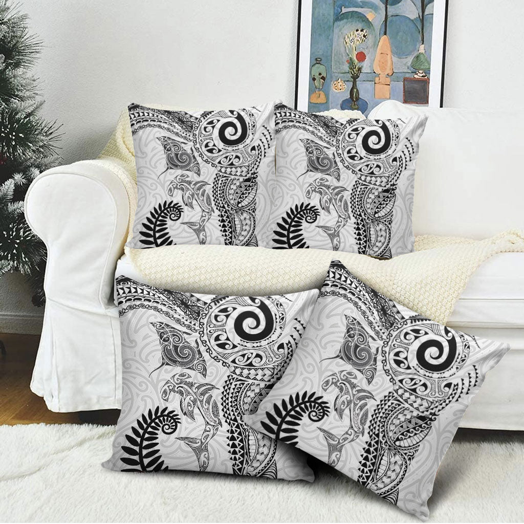 Aotearoa Maori Sea Animals Tribal Pillow Cover Manta Ray and Shark Moko Pattern White Color