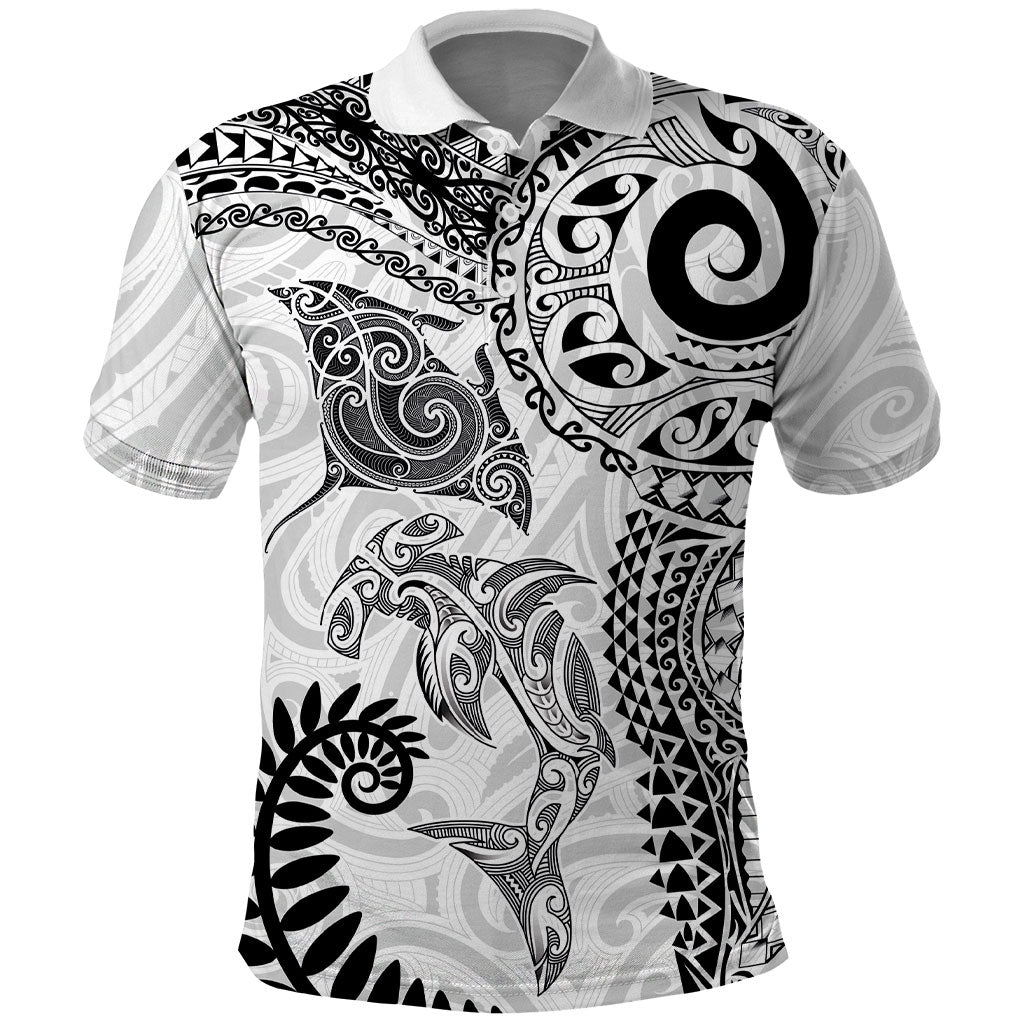 Aotearoa Maori Sea Animals Tribal Polo Shirt Manta Ray and Shark Moko Pattern White Color LT03 White - Polynesian Pride