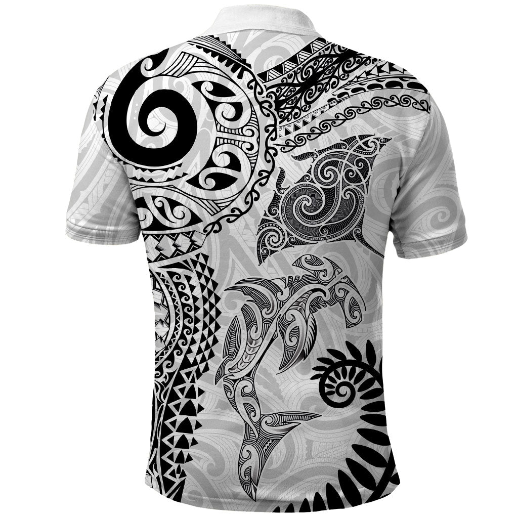 Aotearoa Maori Sea Animals Tribal Polo Shirt Manta Ray and Shark Moko Pattern White Color LT03 - Polynesian Pride