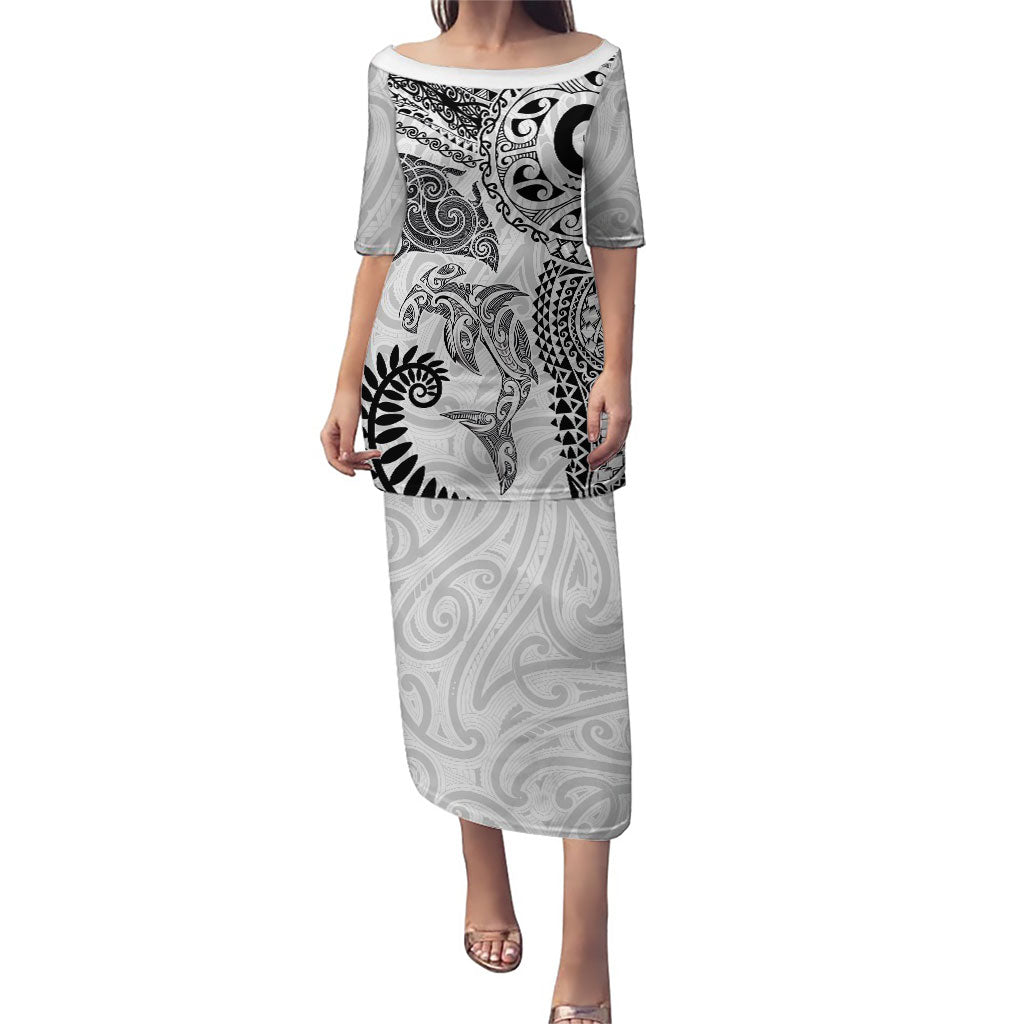 Aotearoa Maori Sea Animals Tribal Puletasi Manta Ray and Shark Moko Pattern White Color LT03 Long Dress White - Polynesian Pride