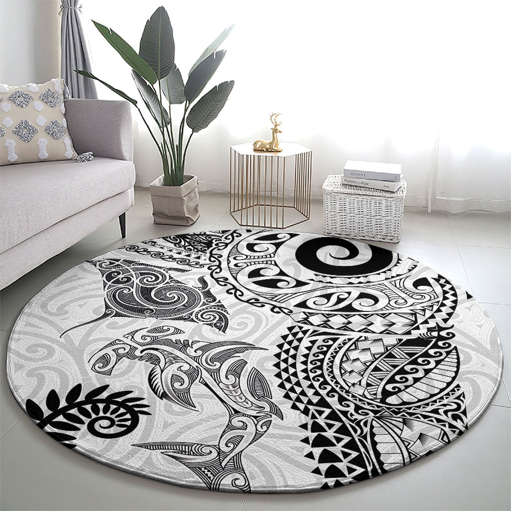 Aotearoa Maori Sea Animals Tribal Round Carpet Manta Ray and Shark Moko Pattern White Color
