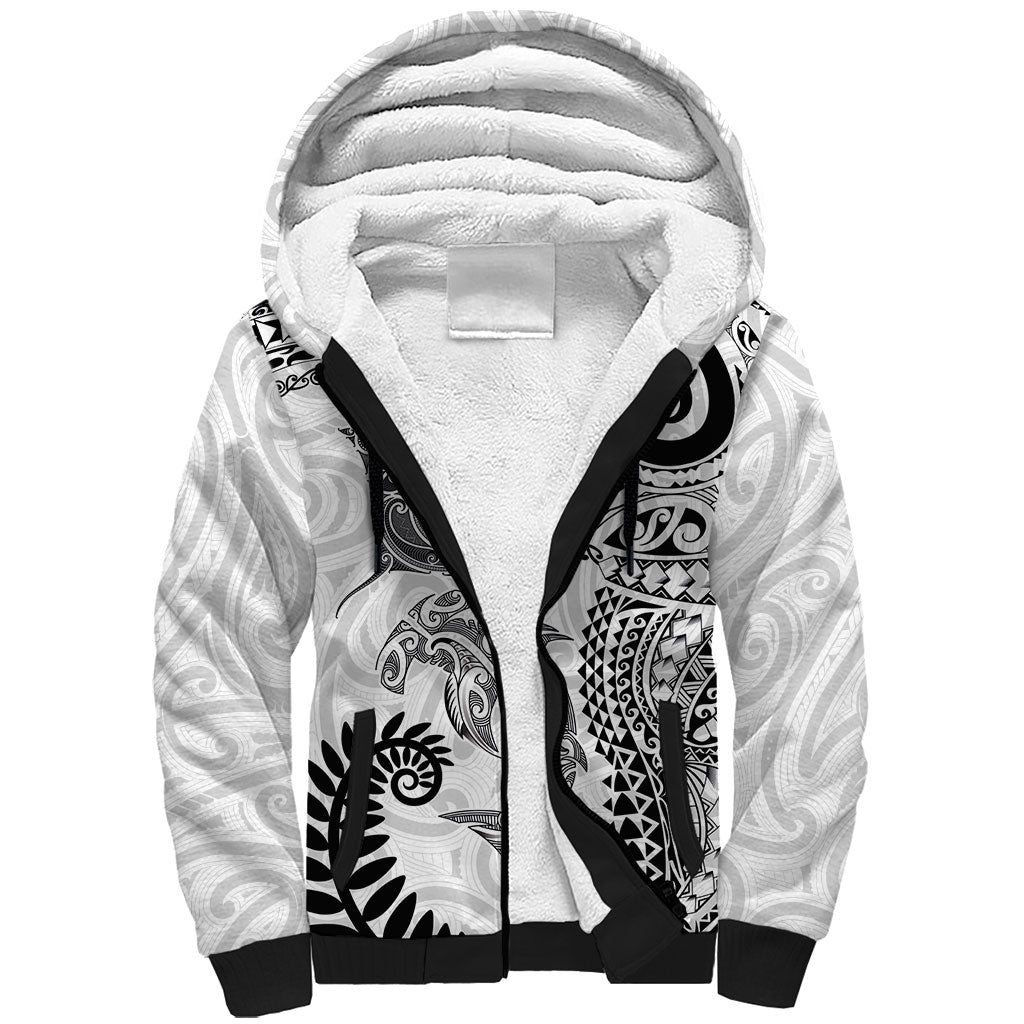 Aotearoa Maori Sea Animals Tribal Sherpa Hoodie Manta Ray and Shark Moko Pattern White Color LT03 Unisex White - Polynesian Pride
