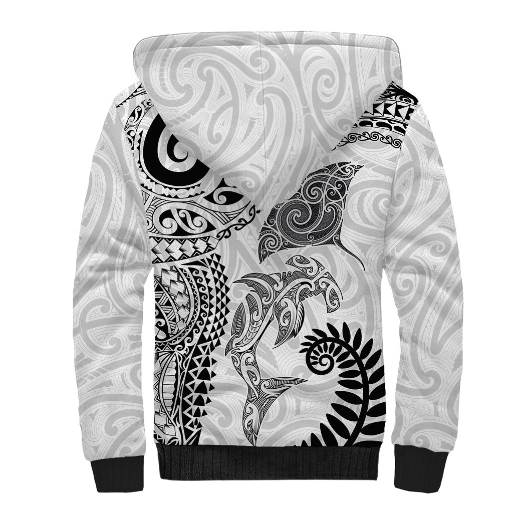 Aotearoa Maori Sea Animals Tribal Sherpa Hoodie Manta Ray and Shark Moko Pattern White Color LT03 - Polynesian Pride