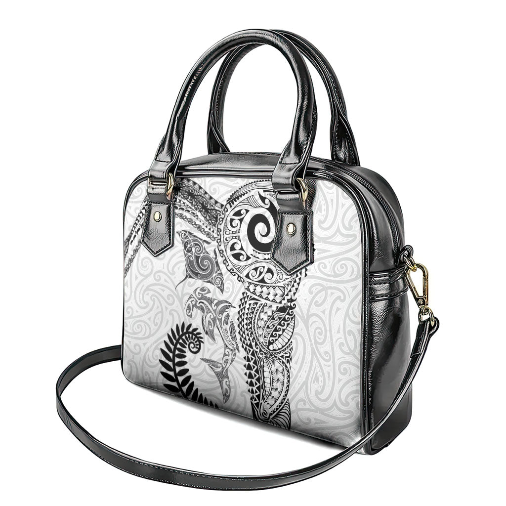 Aotearoa Maori Sea Animals Tribal Shoulder Handbag Manta Ray and Shark Moko Pattern White Color