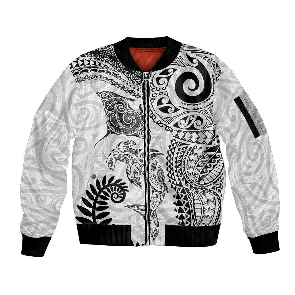 Aotearoa Maori Sea Animals Tribal Sleeve Zip Bomber Jacket Manta Ray and Shark Moko Pattern White Color LT03 Unisex White - Polynesian Pride