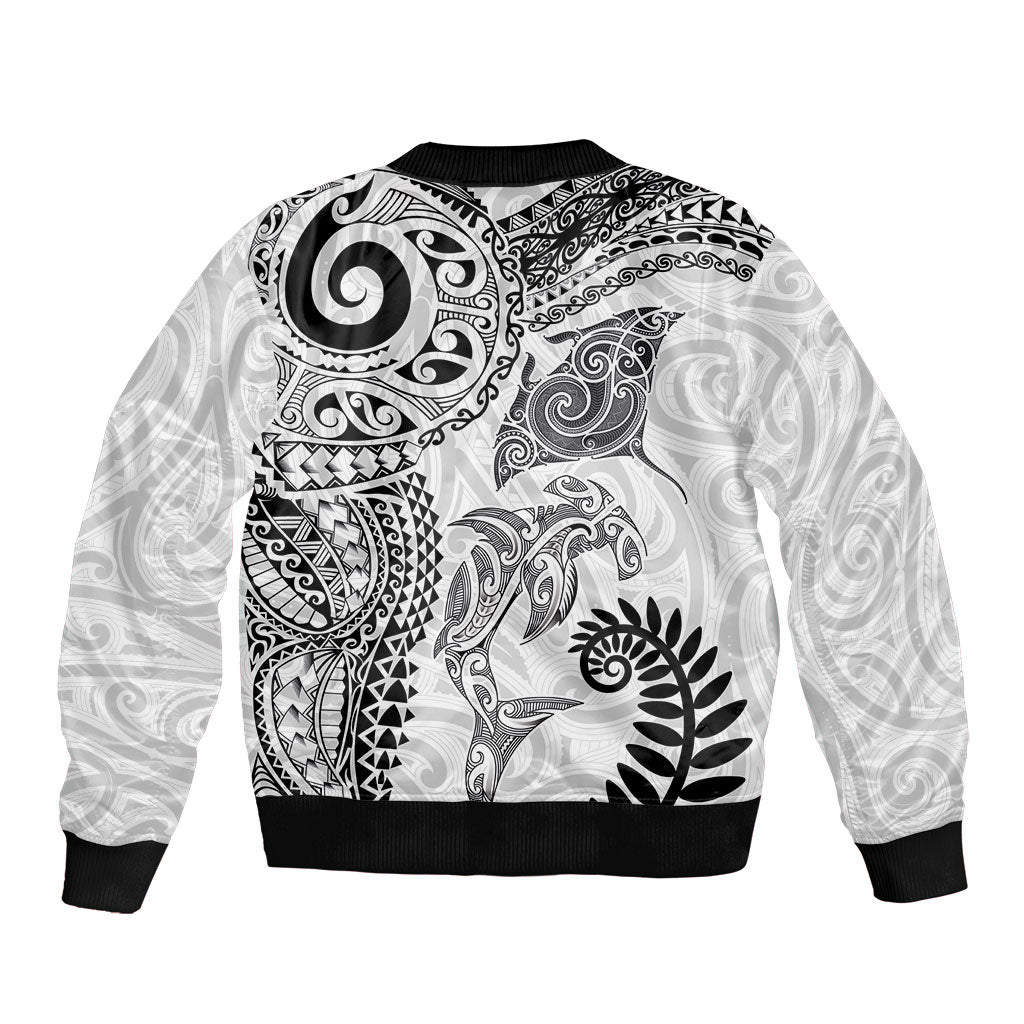Aotearoa Maori Sea Animals Tribal Sleeve Zip Bomber Jacket Manta Ray and Shark Moko Pattern White Color