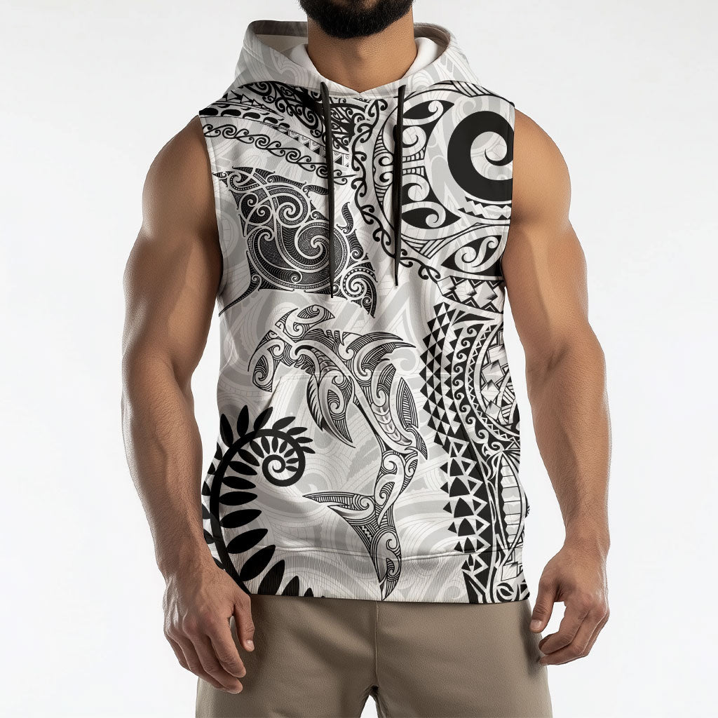 Aotearoa Maori Sea Animals Tribal Sleeveless Hoodie Manta Ray and Shark Moko Pattern White Color LT03 - Polynesian Pride