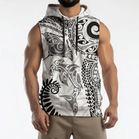 Aotearoa Maori Sea Animals Tribal Sleeveless Hoodie Manta Ray and Shark Moko Pattern White Color LT03 - Polynesian Pride