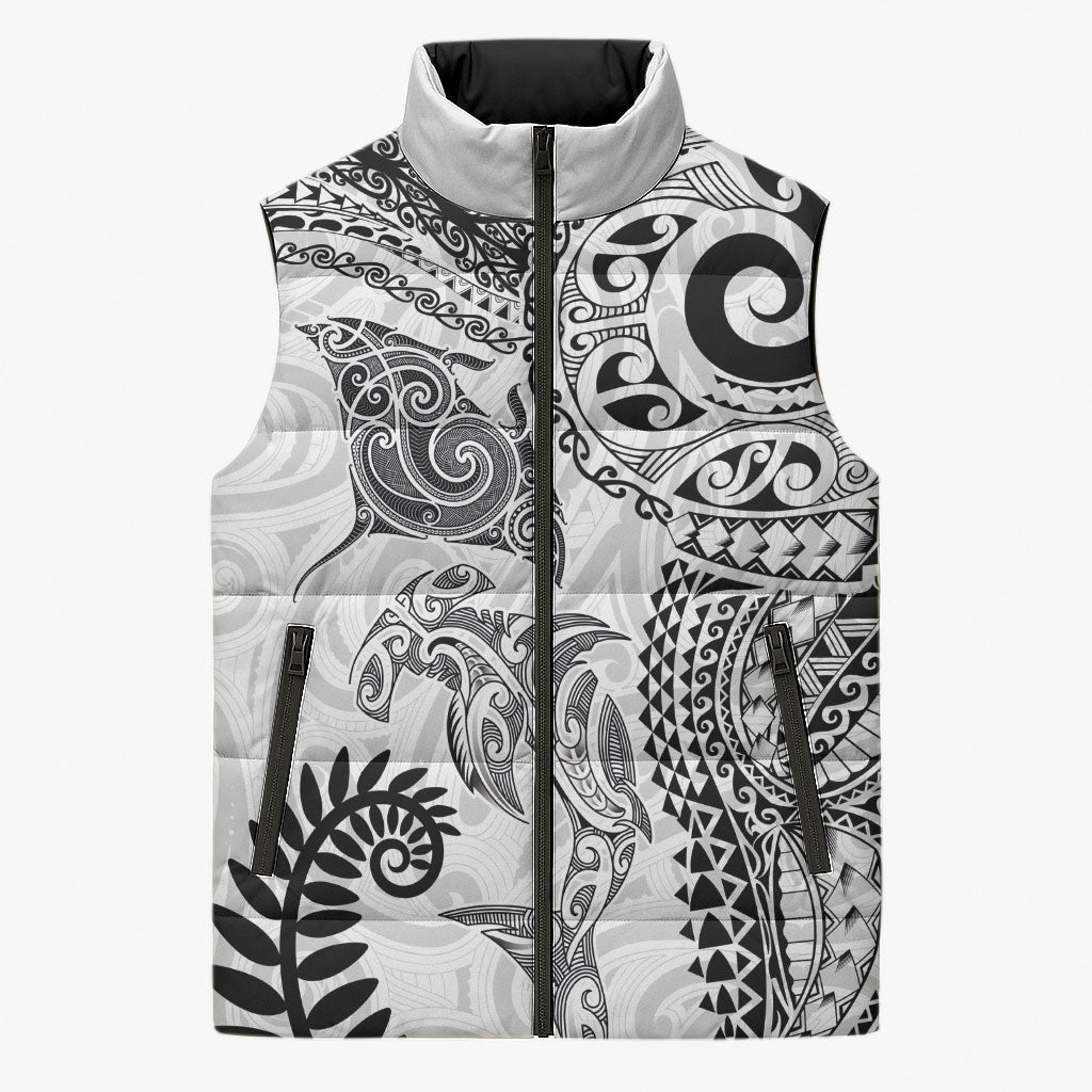 Aotearoa Maori Sea Animals Tribal Sleeveless Puffer Jacket Manta Ray and Shark Moko Pattern White Color LT03 Unisex White - Polynesian Pride