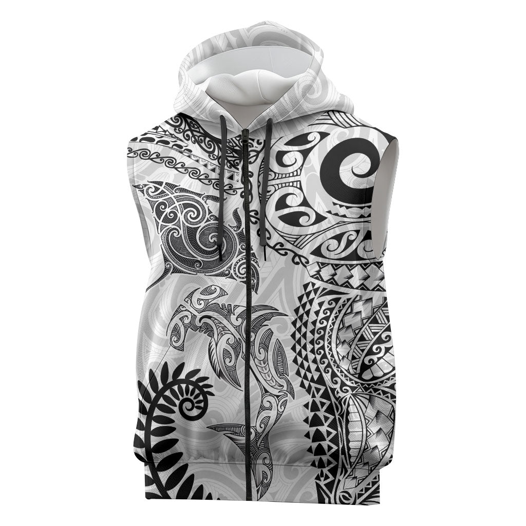 Aotearoa Maori Sea Animals Tribal Sleeveless Zip Hoodie Manta Ray and Shark Moko Pattern White Color LT03 White - Polynesian Pride