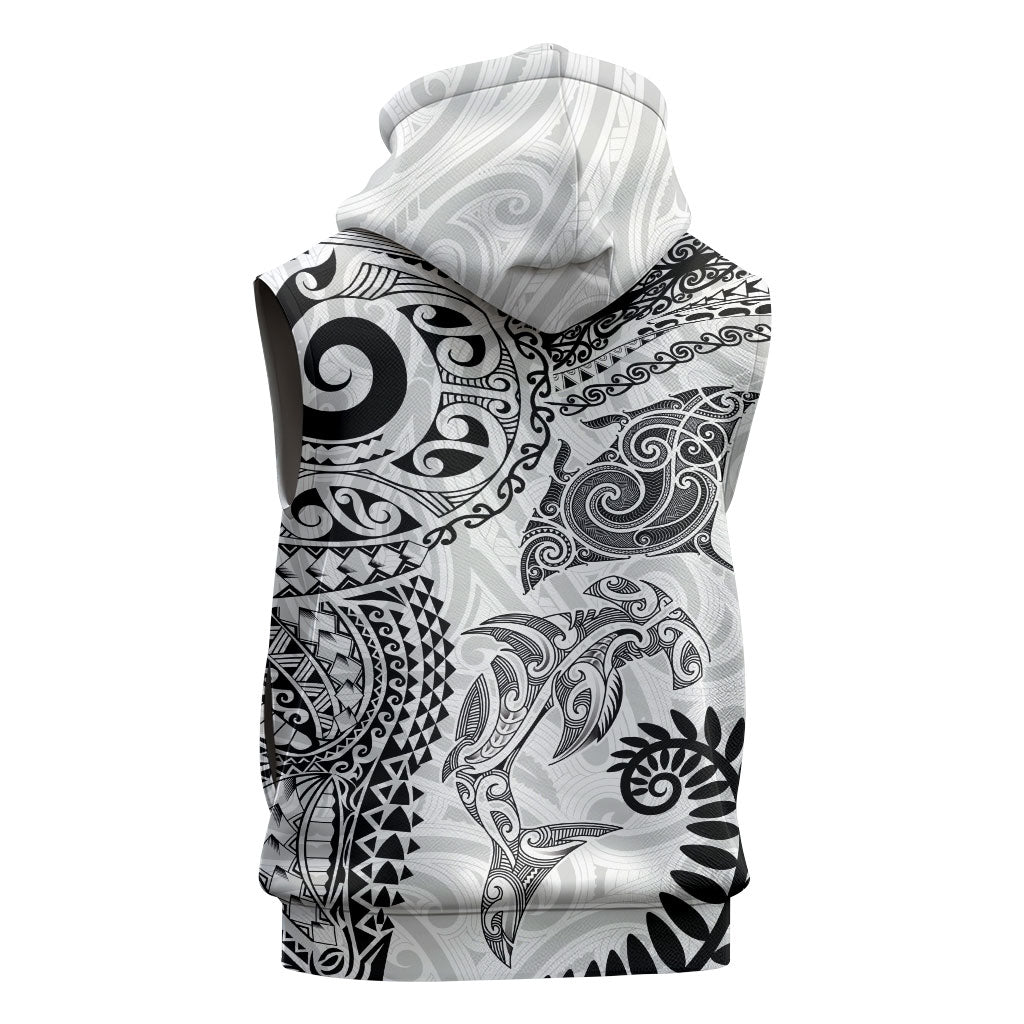 Aotearoa Maori Sea Animals Tribal Sleeveless Zip Hoodie Manta Ray and Shark Moko Pattern White Color LT03 - Polynesian Pride