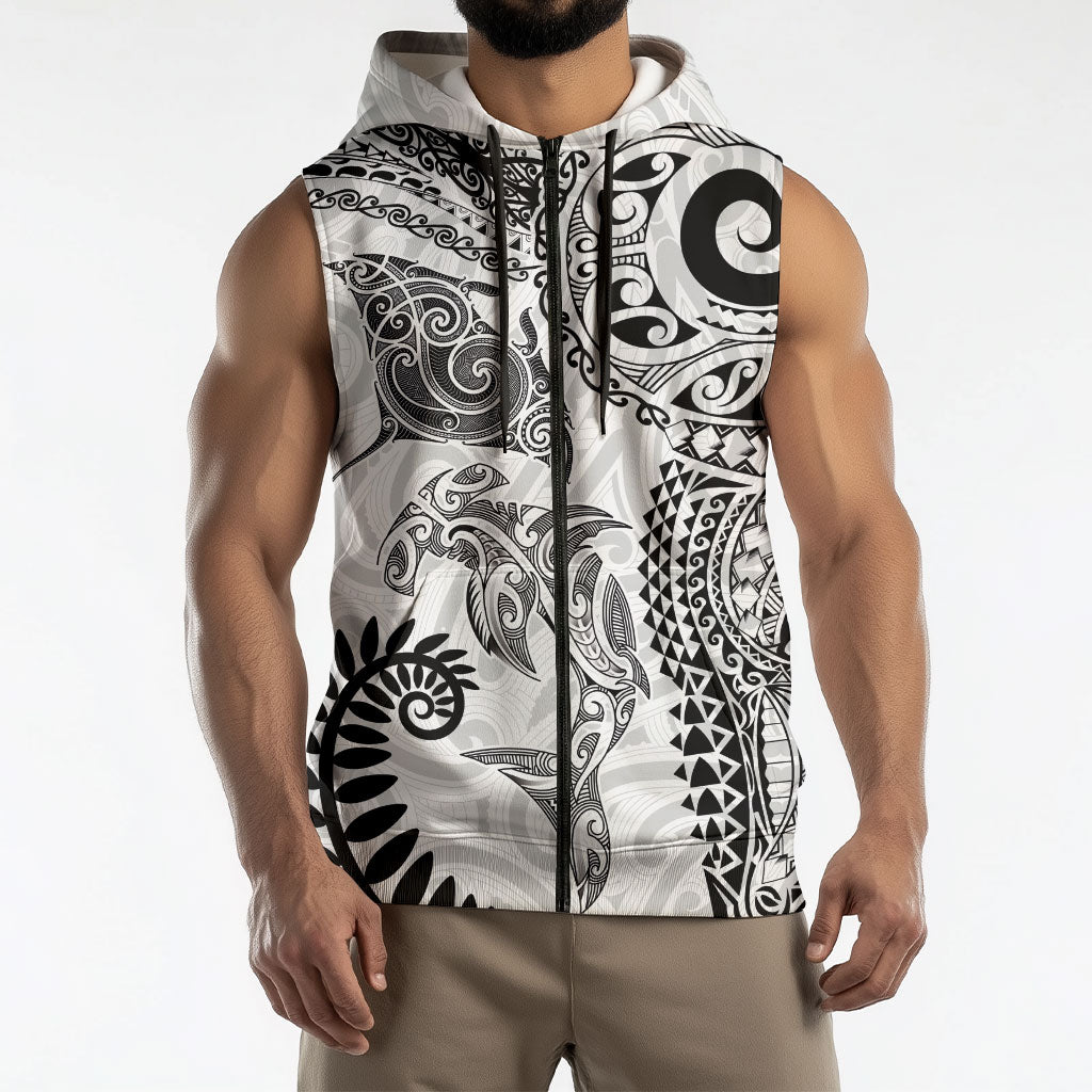 Aotearoa Maori Sea Animals Tribal Sleeveless Zip Hoodie Manta Ray and Shark Moko Pattern White Color LT03 - Polynesian Pride