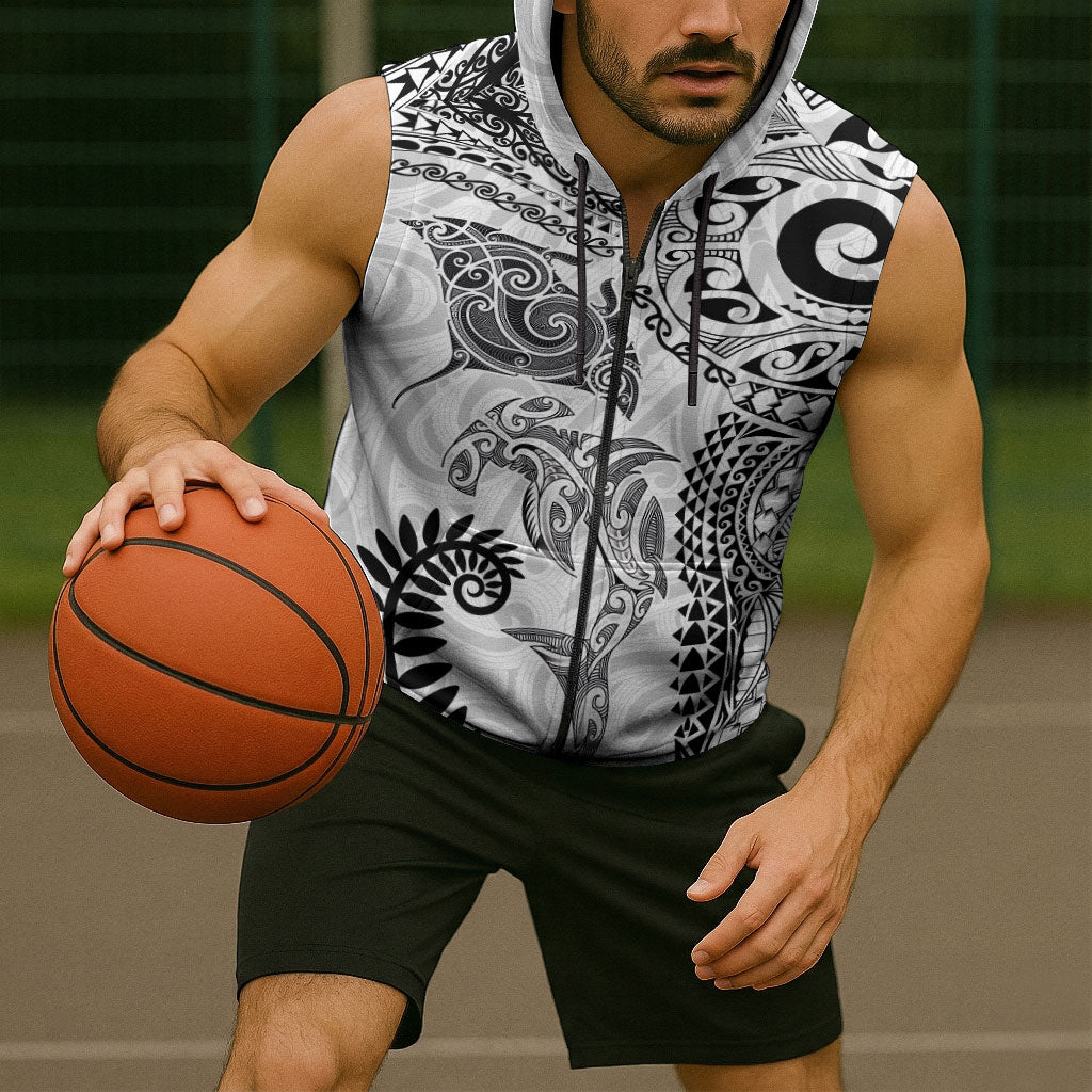 Aotearoa Maori Sea Animals Tribal Sleeveless Zip Hoodie Manta Ray and Shark Moko Pattern White Color LT03 - Polynesian Pride