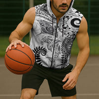 Aotearoa Maori Sea Animals Tribal Sleeveless Zip Hoodie Manta Ray and Shark Moko Pattern White Color LT03 - Polynesian Pride